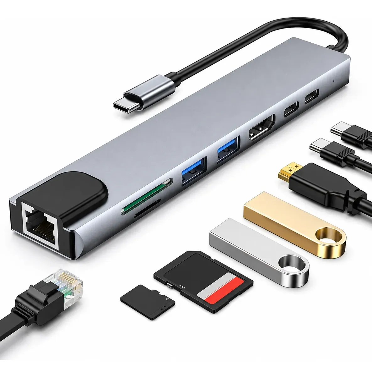 Hub USB-C 8 en 1 HDMI, RJ45, SD, TF y PD 100W