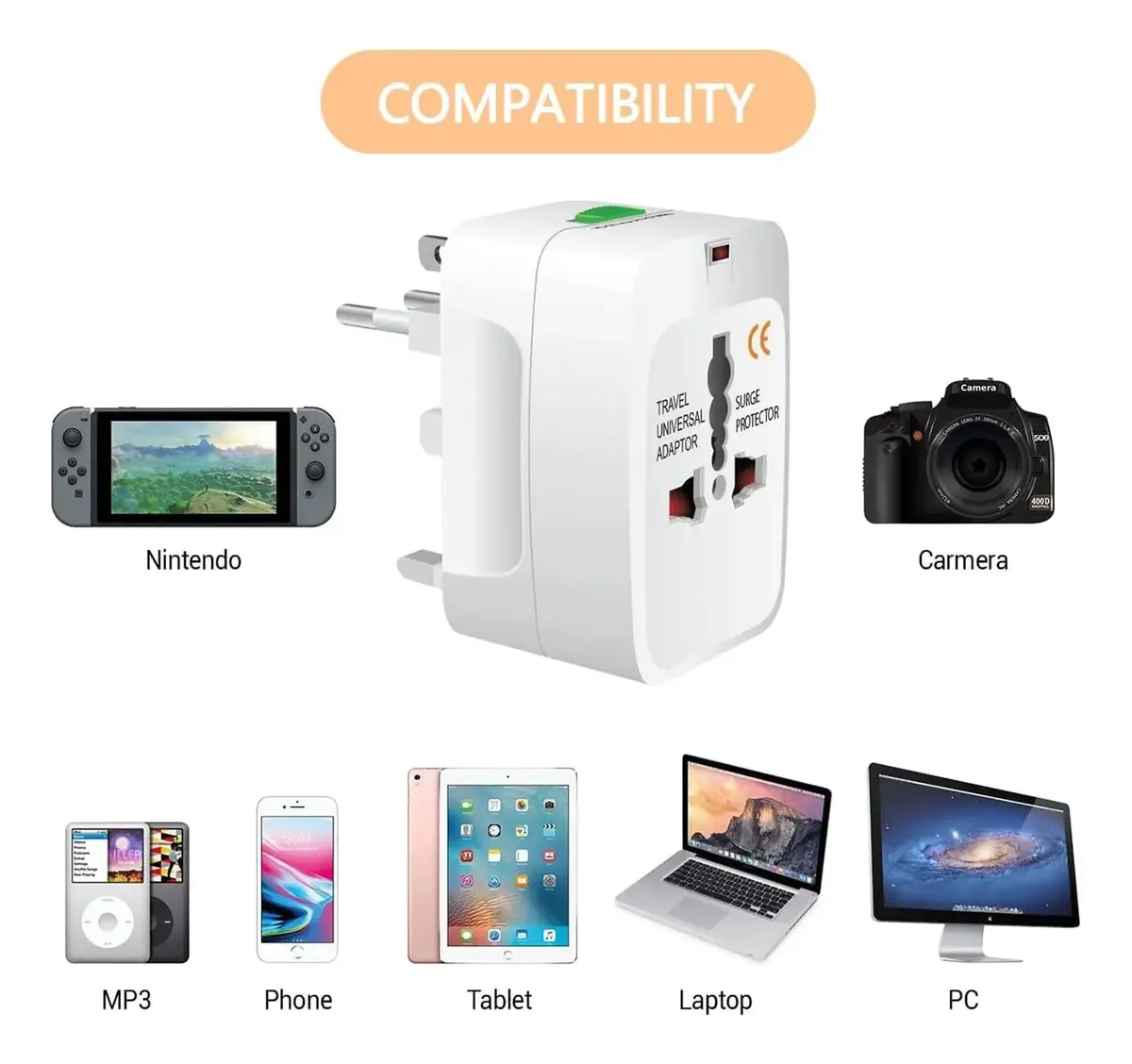 Adaptador de Corriente Universal de Viaje + 2 USB - Imagen 3